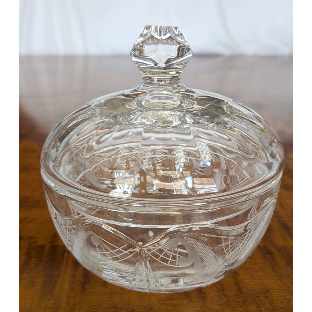 Vintage Crystal Bonbonniere Candy Dish Etched Floral Design